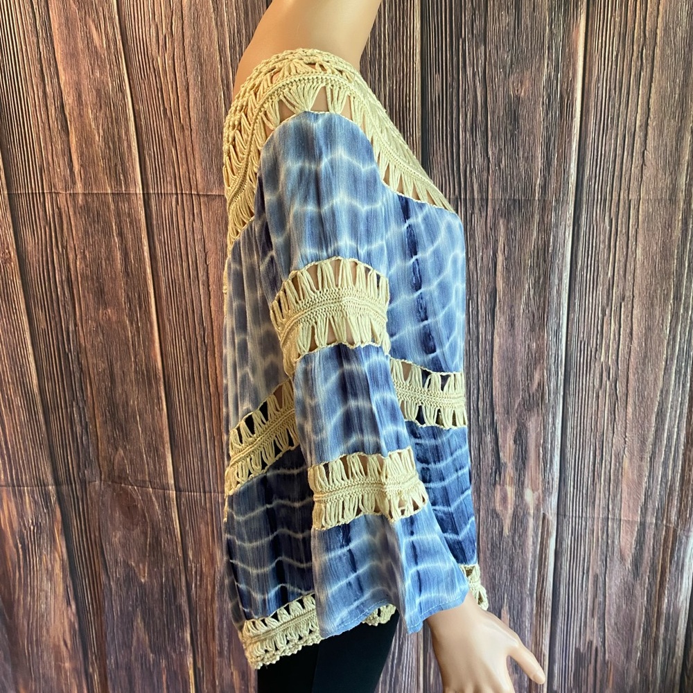 Jessica Taylor NYC blue white cream colored boho one size tie dye poncho - Picture 12 of 13